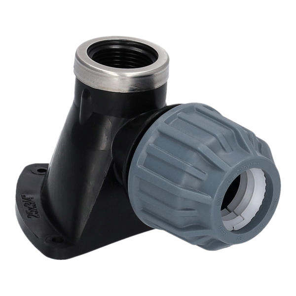 PP-Klemmkupplung mit schwarzem Fittingkörper und blauer Verschraubung vor weißem Hintergrund. Die Darstellung dient als neutrales Produktfoto und repräsentiert eine beliebige Ausführung der Klemmkupplungsserie.